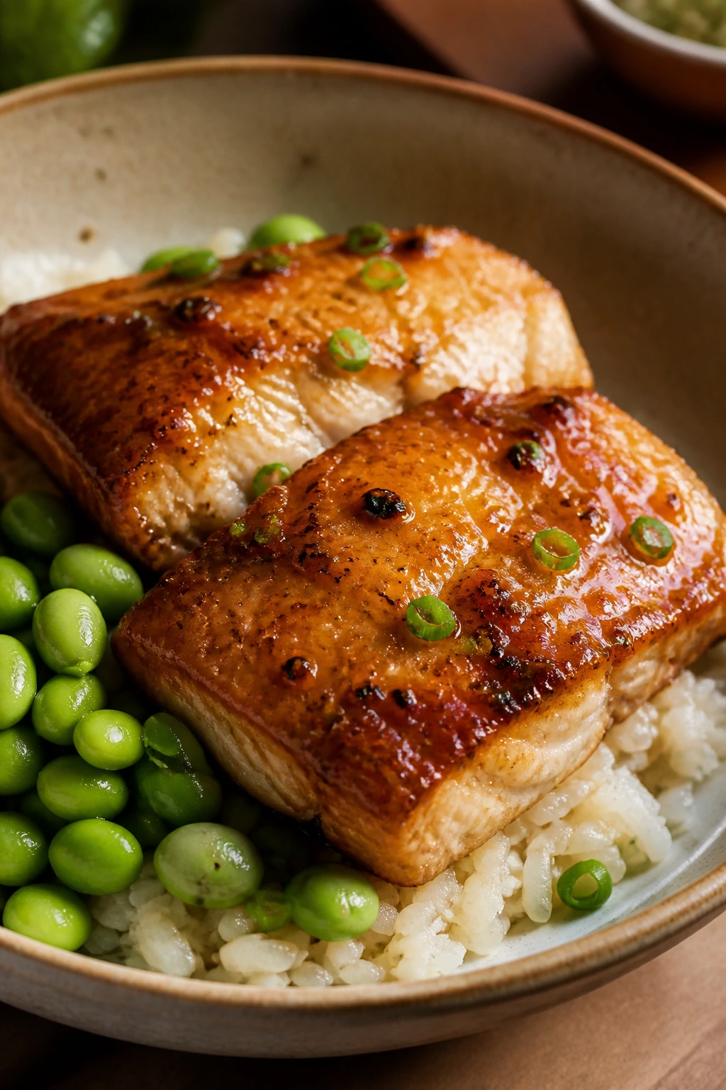 Cod fillets with miso glaze served with edamame and rice