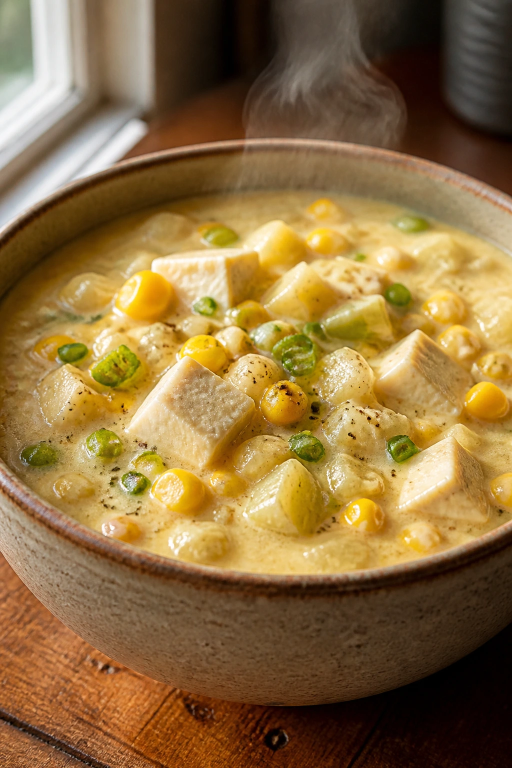 Close-up of steaming miso corn and tofu chowder in a ceramic bowl on wood counter