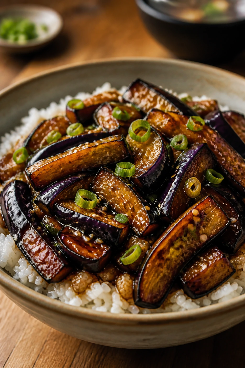Close-up of miso glazed eggplant over white rice in a bowl