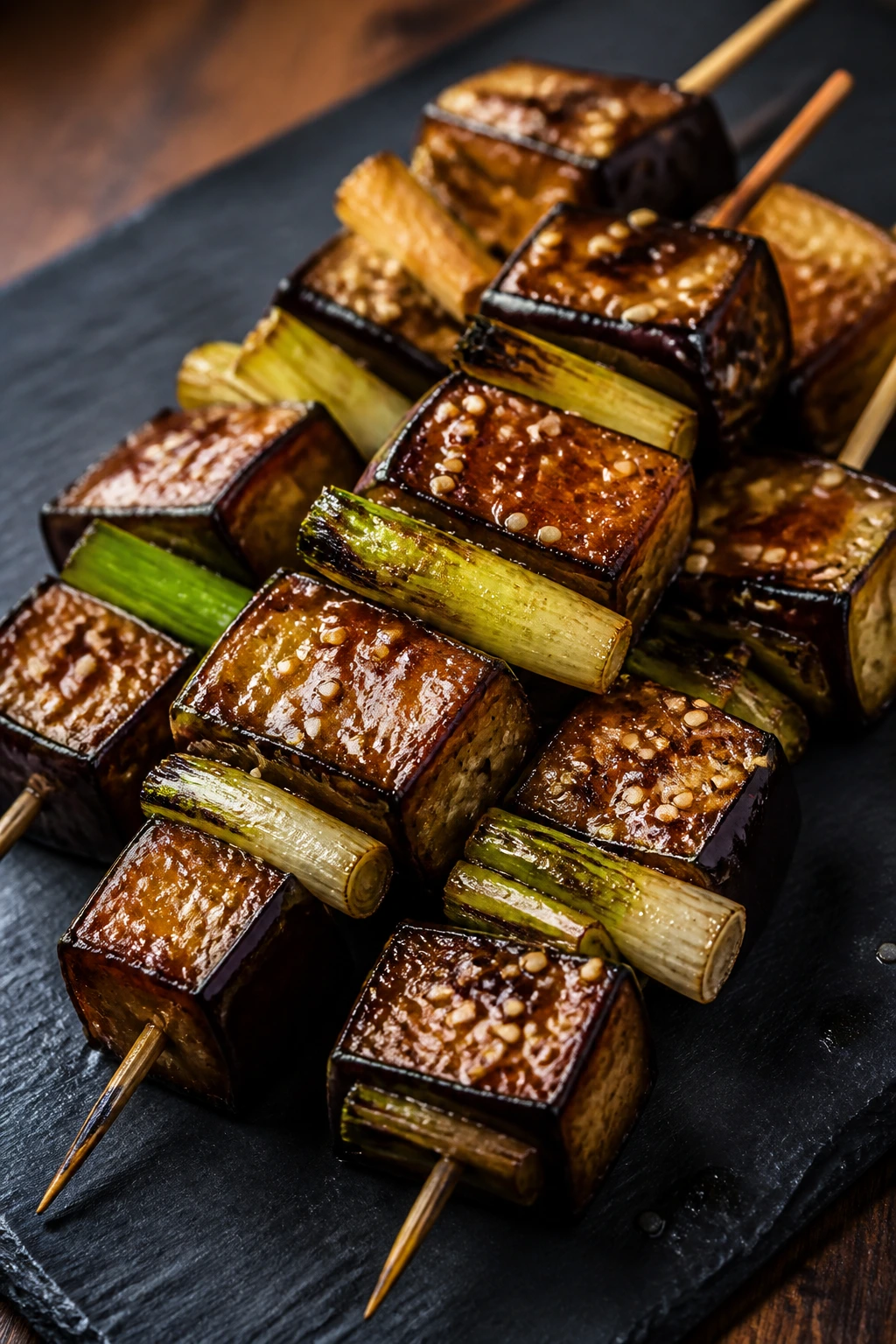 Miso-glazed eggplant and scallion skewers with sesame seeds