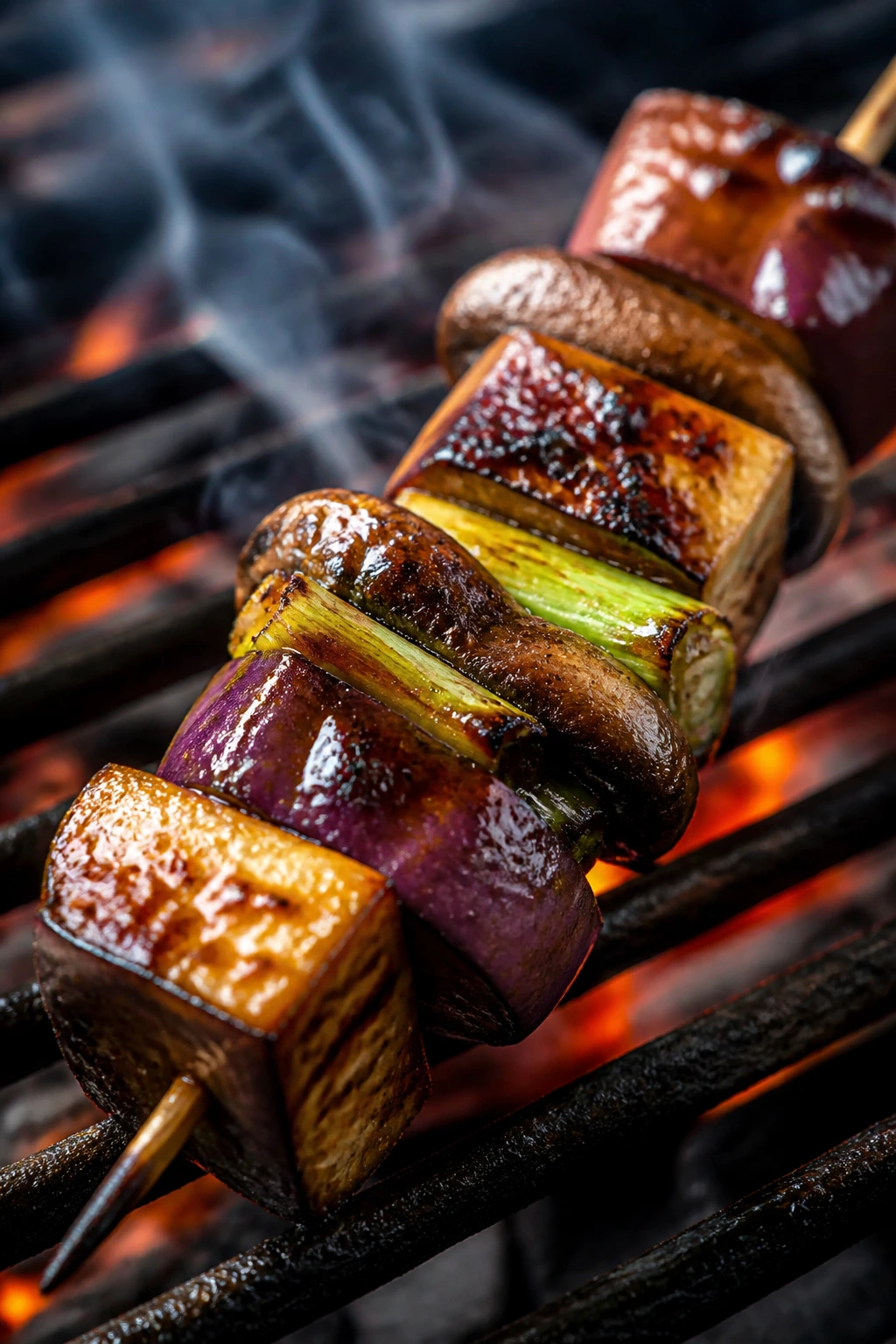 Close-up miso-glazed eggplant shiitake scallion skewer on grill