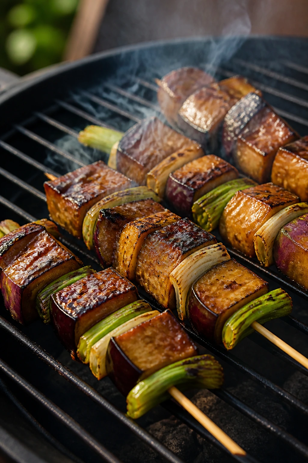 Close-up of miso-glazed eggplant and scallion skewers on grill