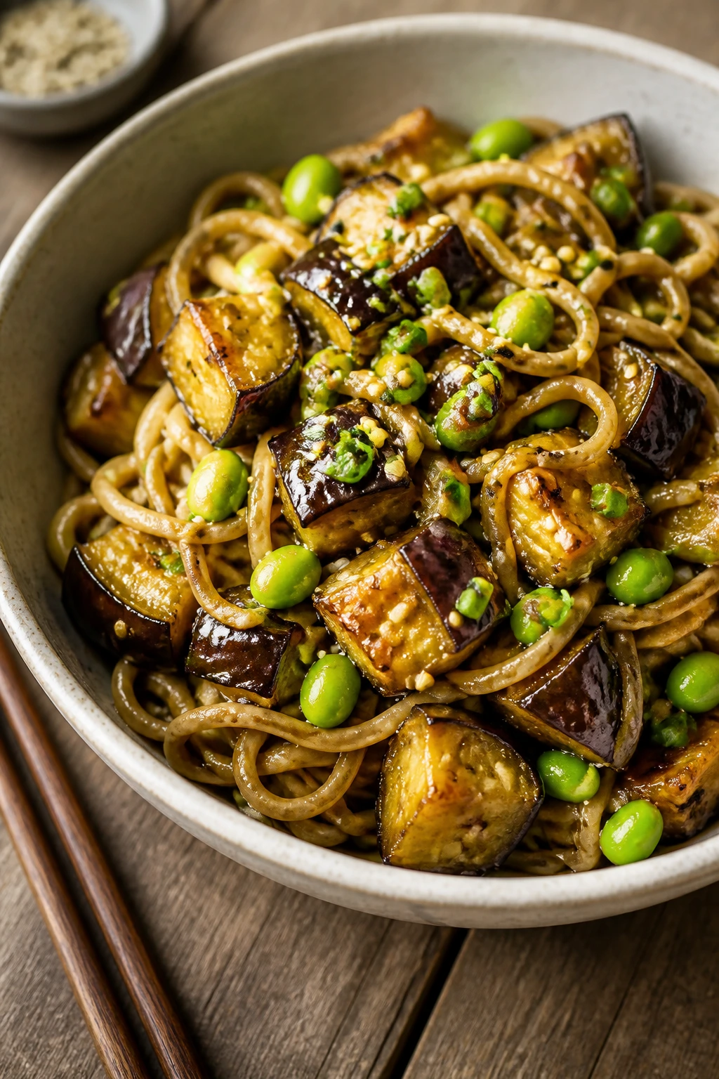 Soba noodle bowl with miso eggplant and edamame