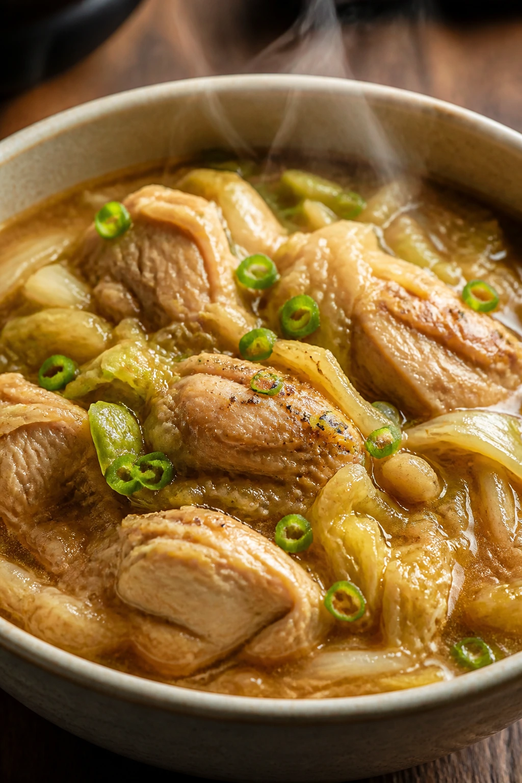 Steaming bowl of miso ginger chicken with napa cabbage