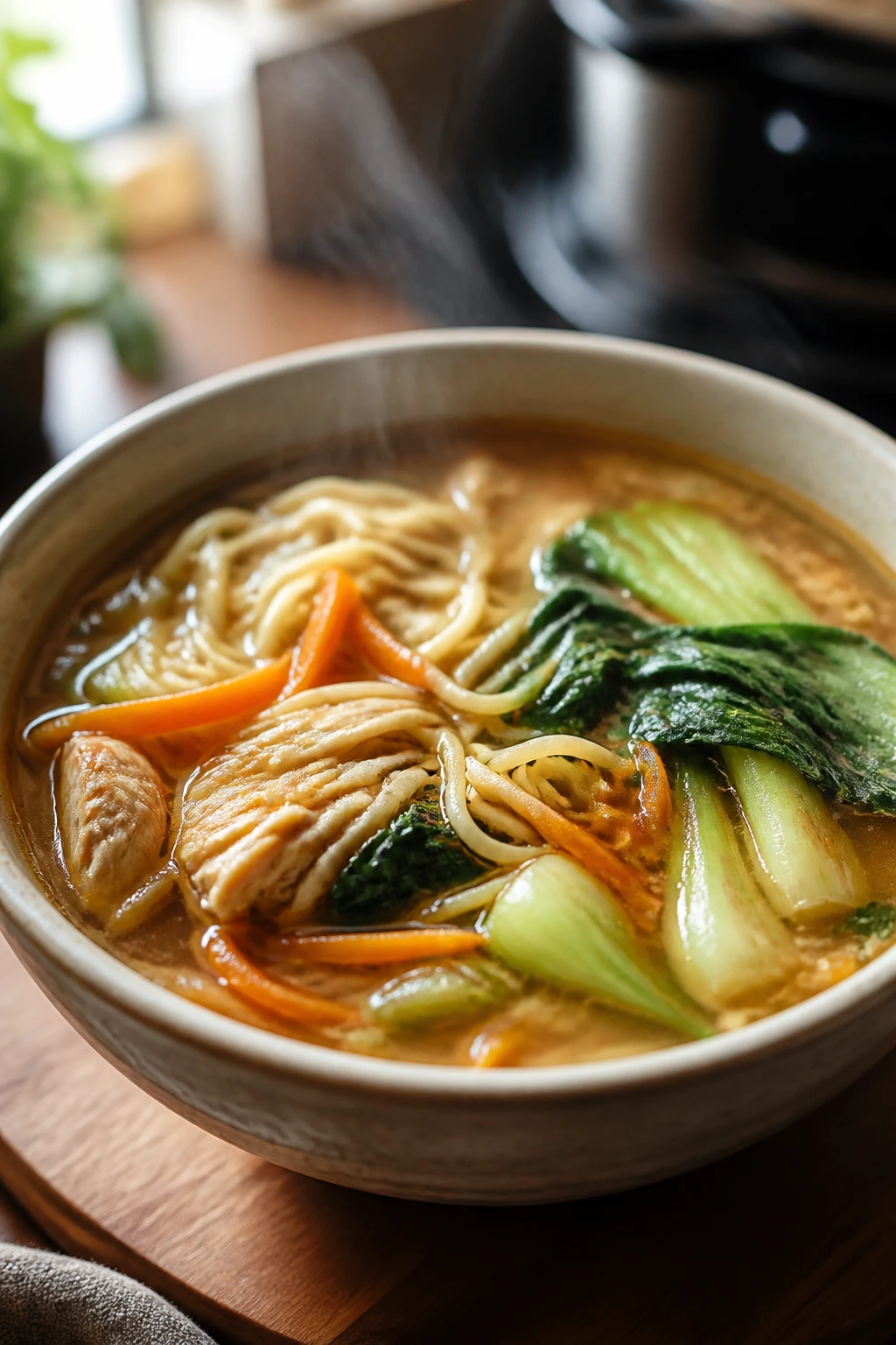 Steaming bowl of miso ginger chicken noodle soup with bok choy and noodles.