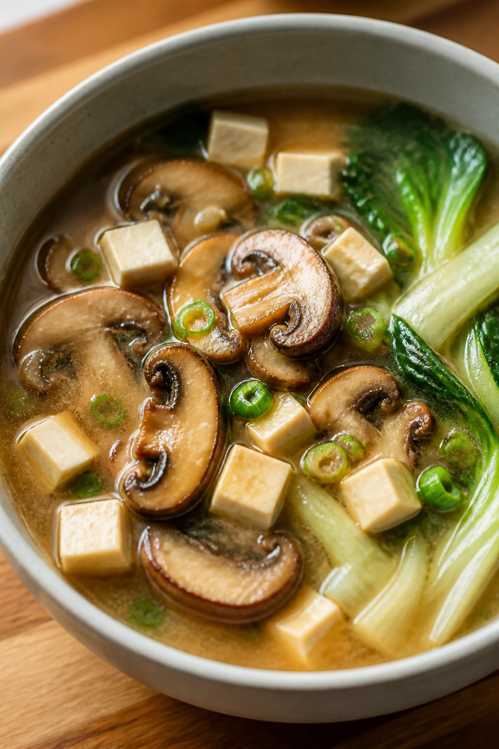 Close-up miso ginger mushroom soup with tofu and bok choy in a bowl