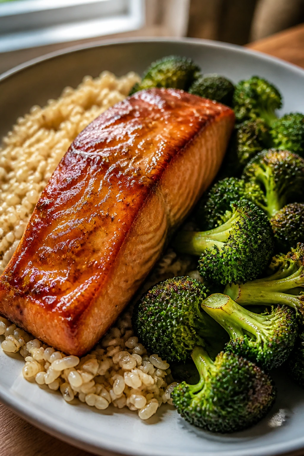 Close-up of Miso-Ginger Salmon with Broccoli and Brown Rice on plate