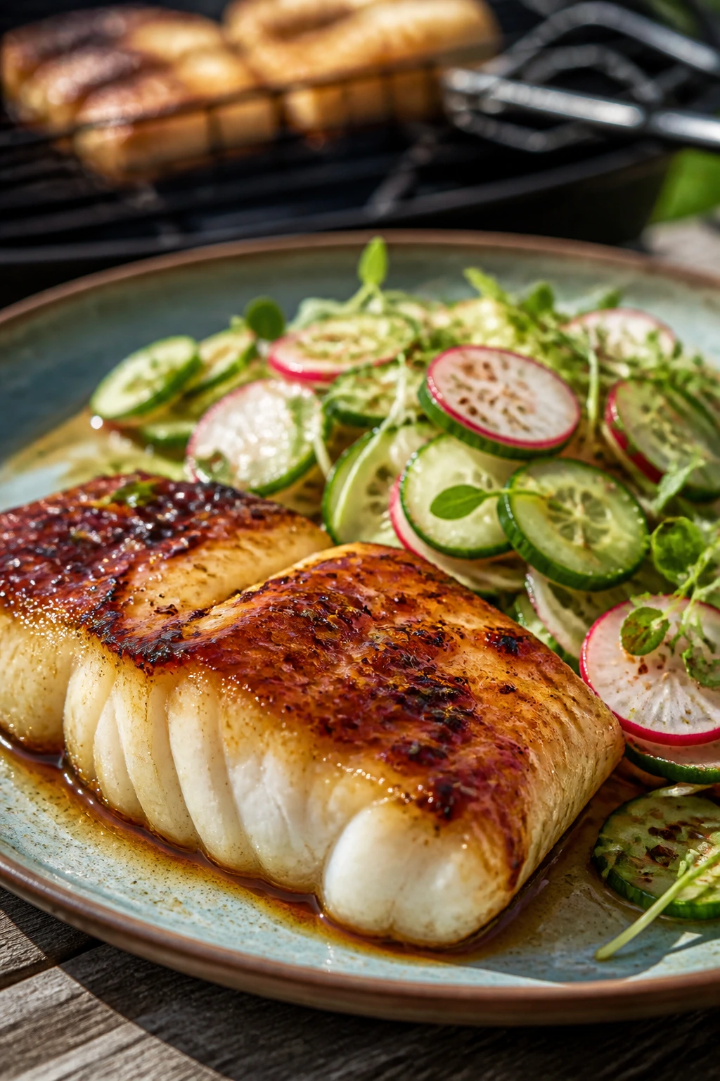 Miso-glazed cod with radish-cucumber slaw on plate outdoors