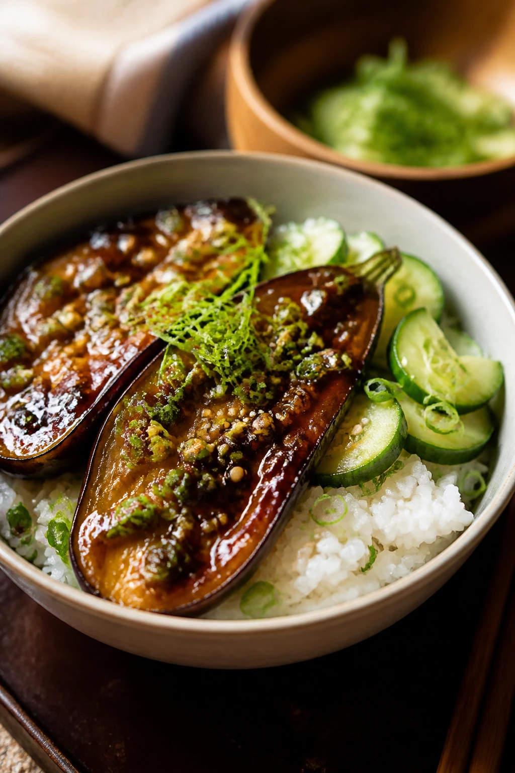 Close-up of miso-glazed eggplant over white rice with cucumber and scallions