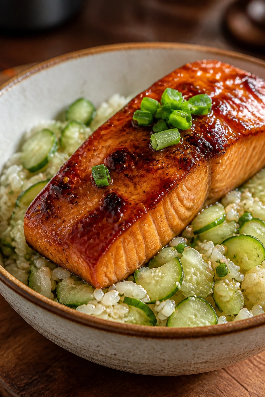 Close-up of miso-glazed salmon with cucumber rice