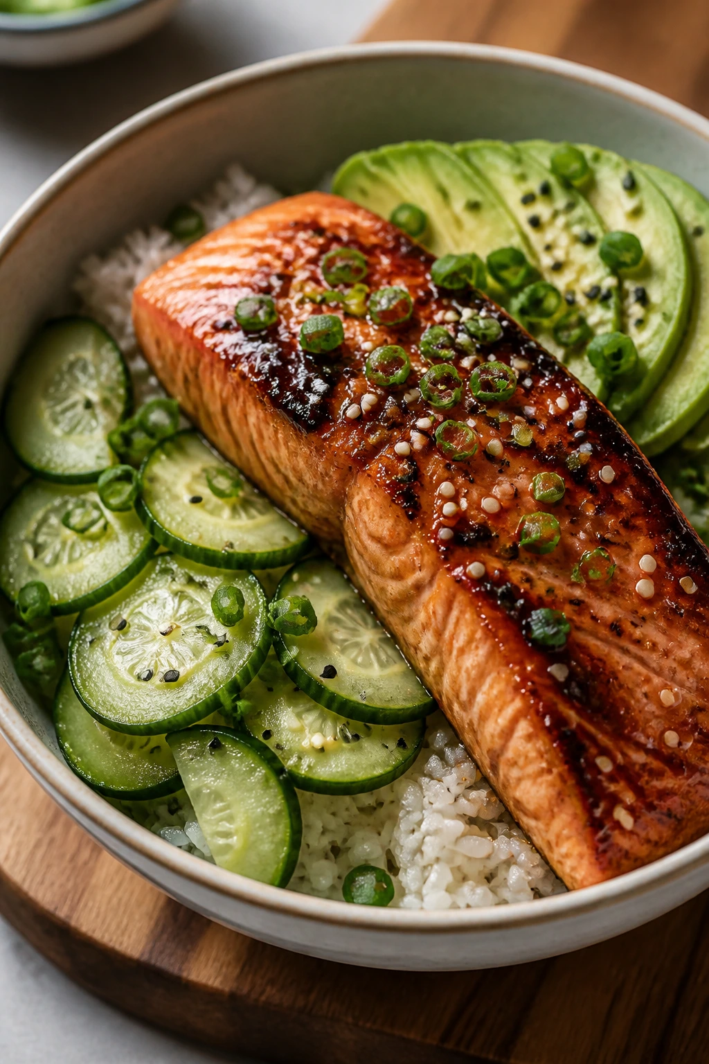 Close-up of miso-glazed salmon over rice with cucumber and avocado