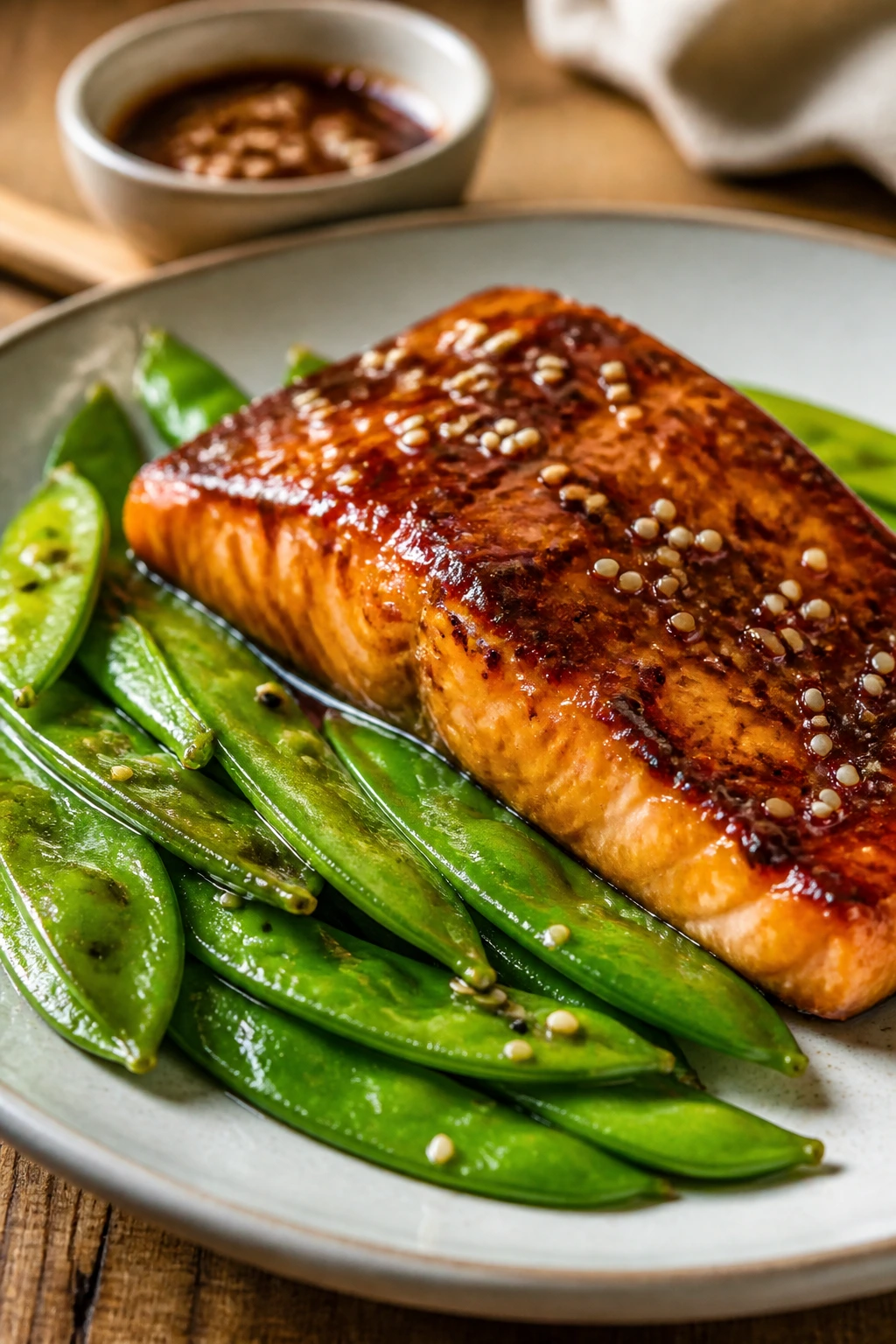 Close-up of miso-glazed salmon with snap peas and sesame seeds on plate