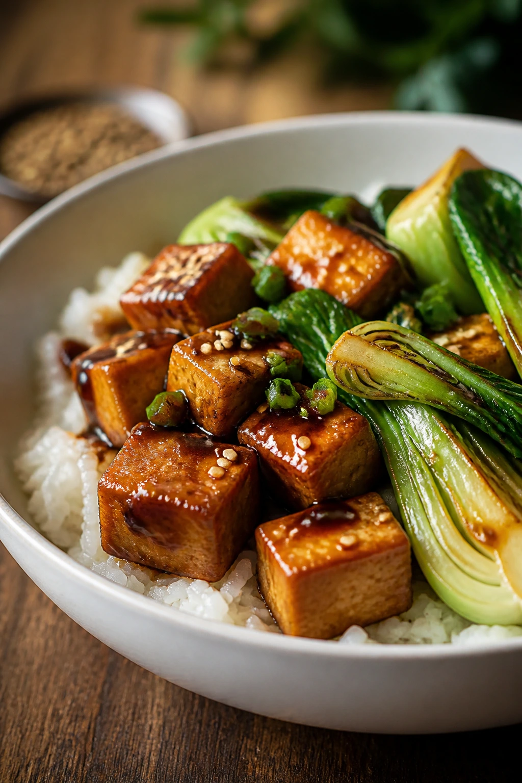 Close-up of miso-glazed tofu with bok choy and rice in a bowl