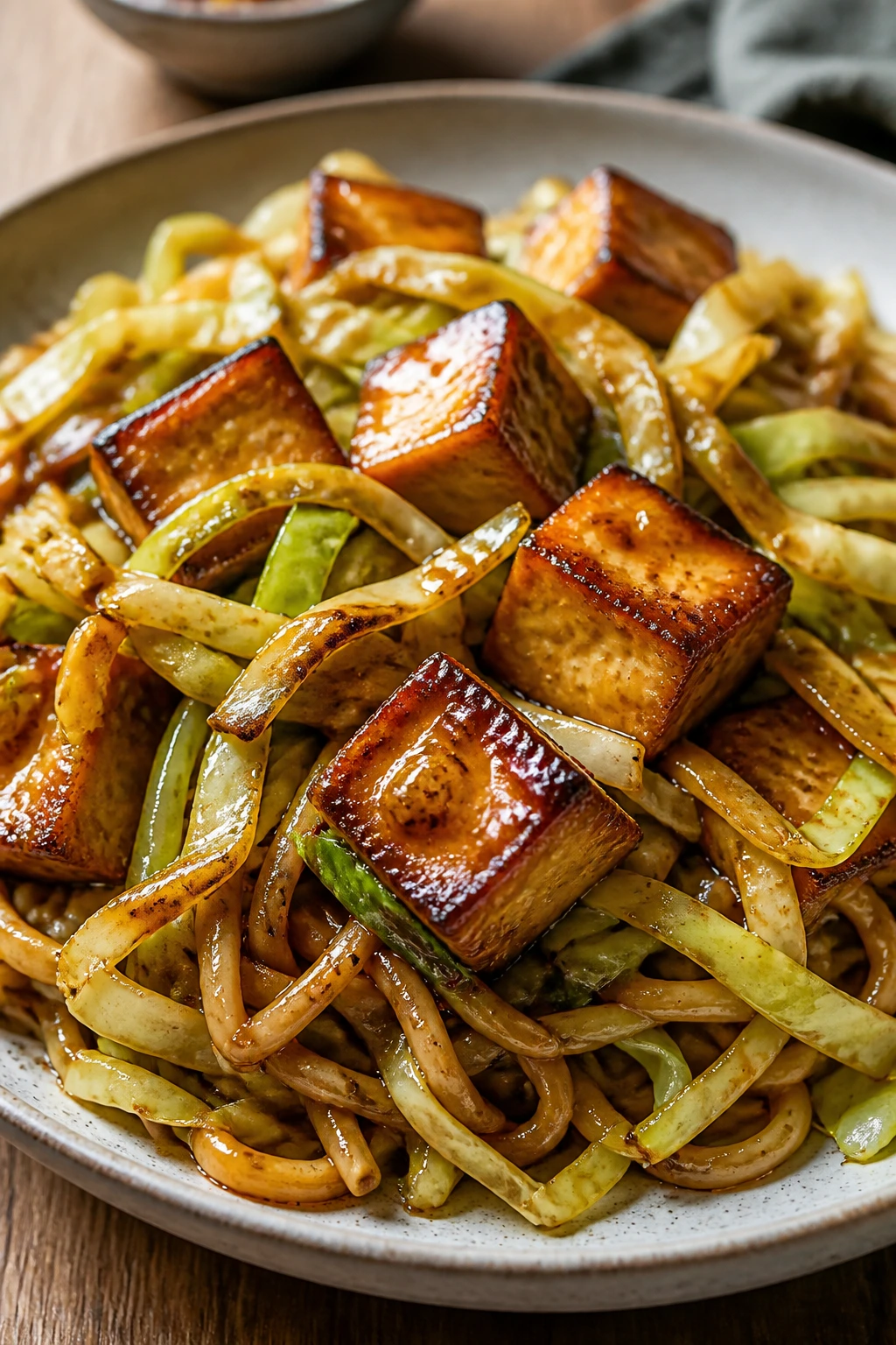 Close-up plated miso-glazed tofu with cabbage noodles