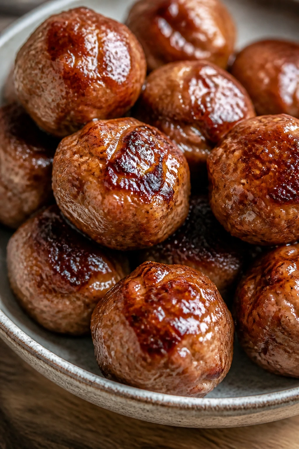 Glossy miso-maple glazed meatballs on a plate.