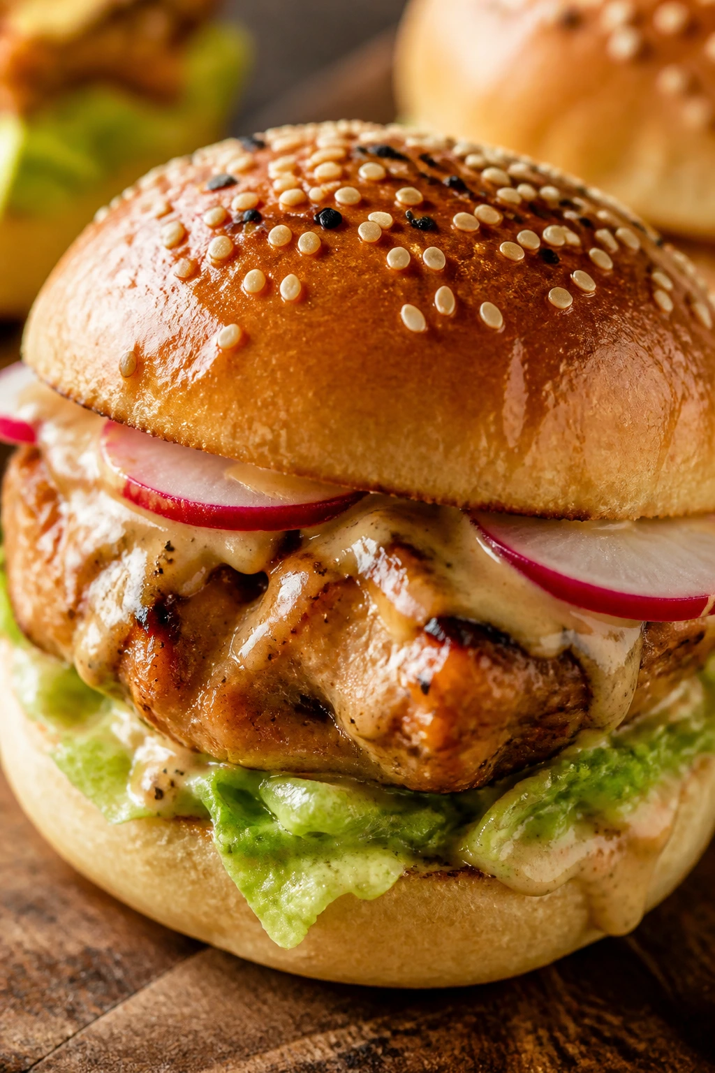 Close-up of a Miso Mayo Chicken Slider with radish and sesame
