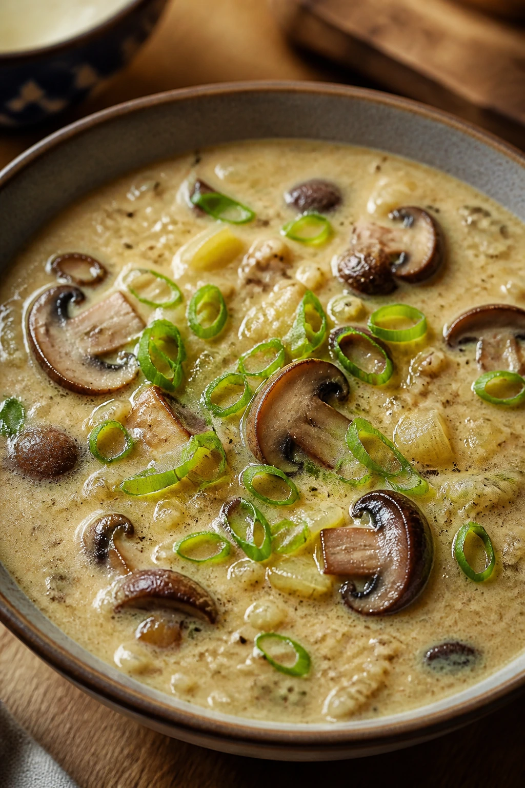 Creamy miso mushroom chowder in a bowl with visible mushrooms