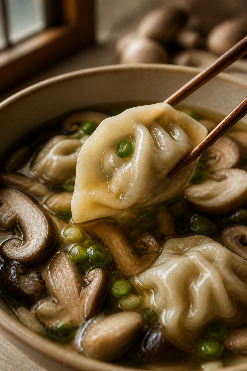 Close-up of miso mushroom dumplings in clear broth