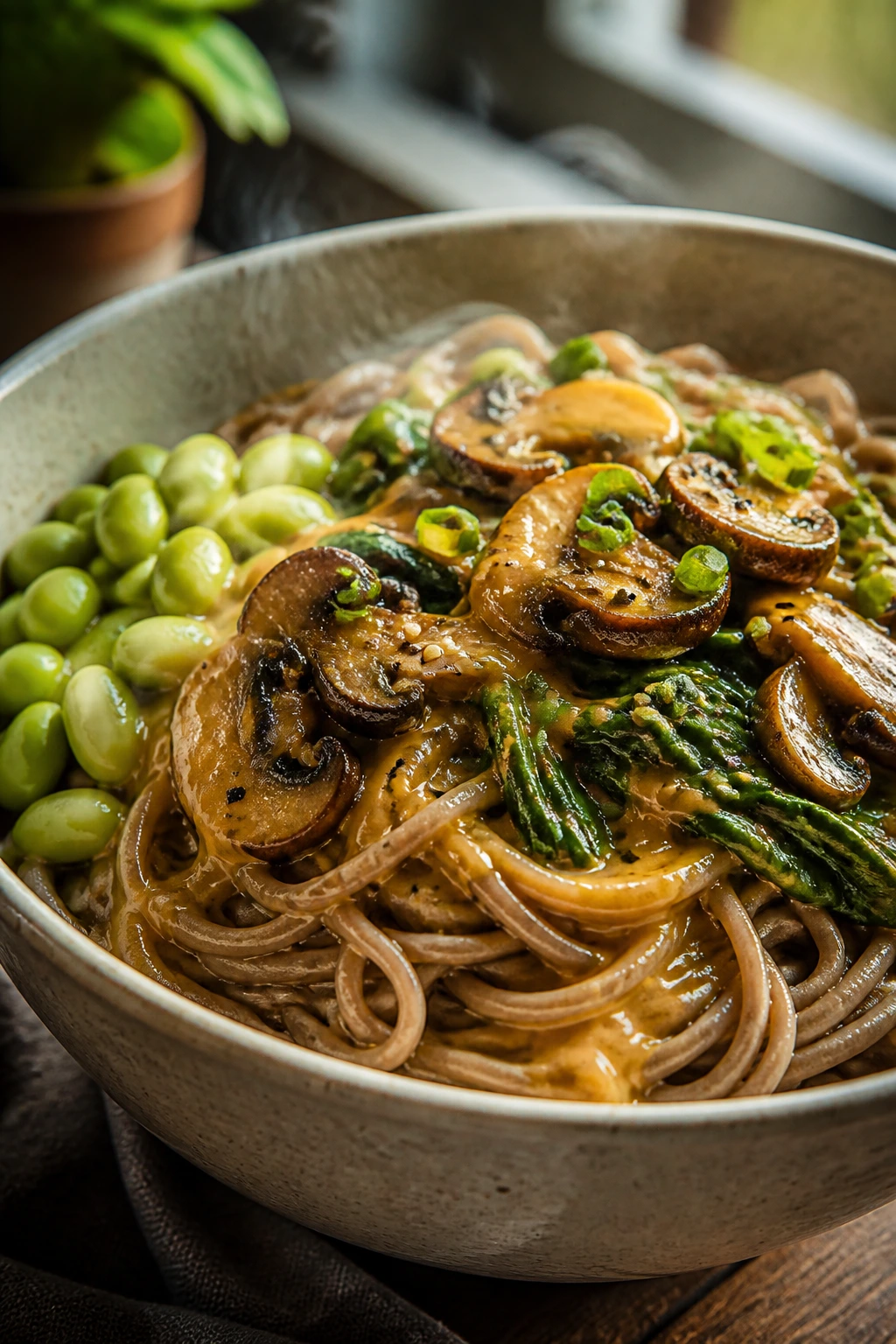 Close-up miso mushroom soba bowl with greens