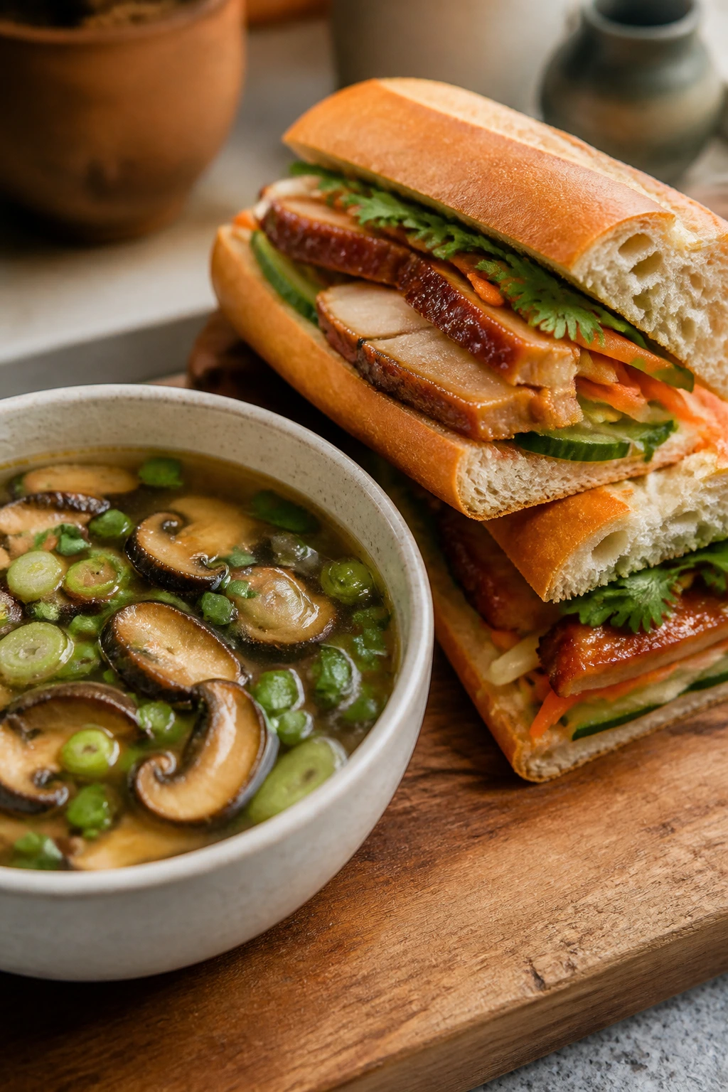 Miso mushroom soup with teriyaki chicken banh mi on a wooden board