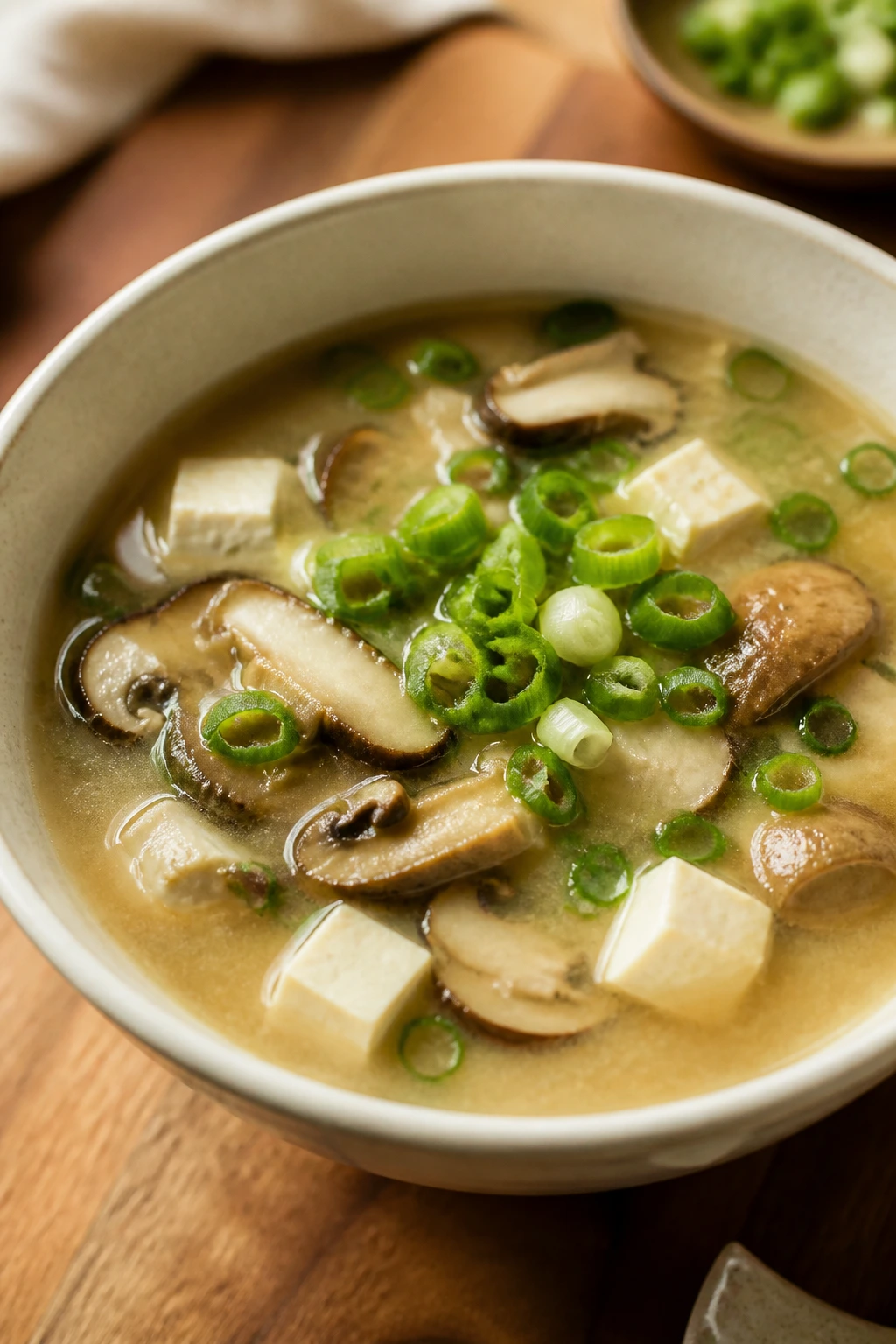 Pale miso mushroom soup with tofu and mushrooms in a bowl