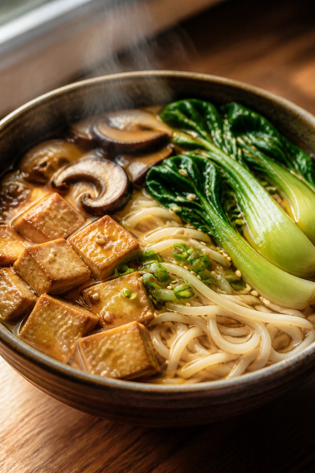 Close-up of Miso Ginger Noodle Bowls with noodles and vegetables in a steaming bowl