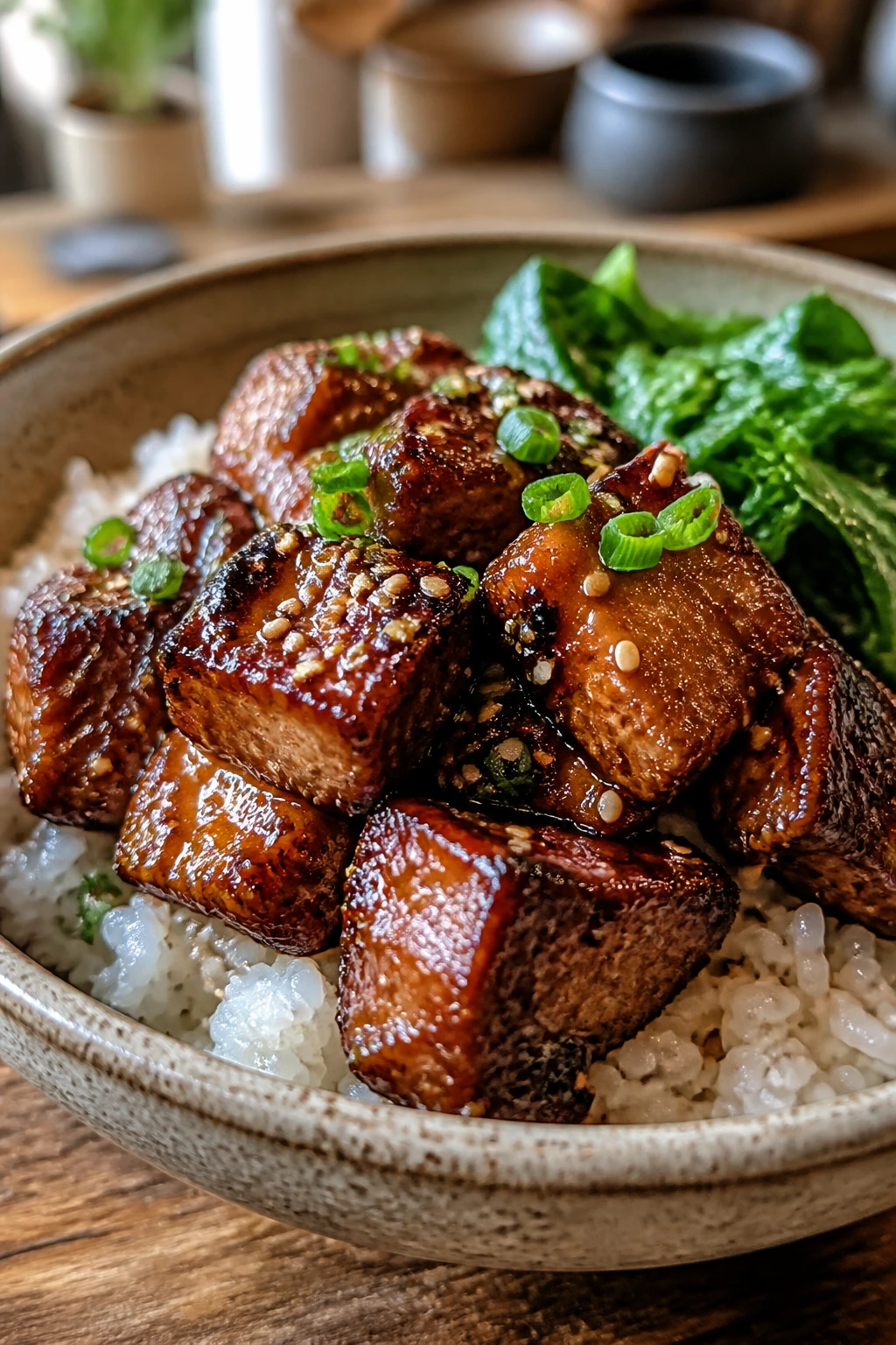 Close-up of miso-glazed pork belly over rice in a rustic bowl