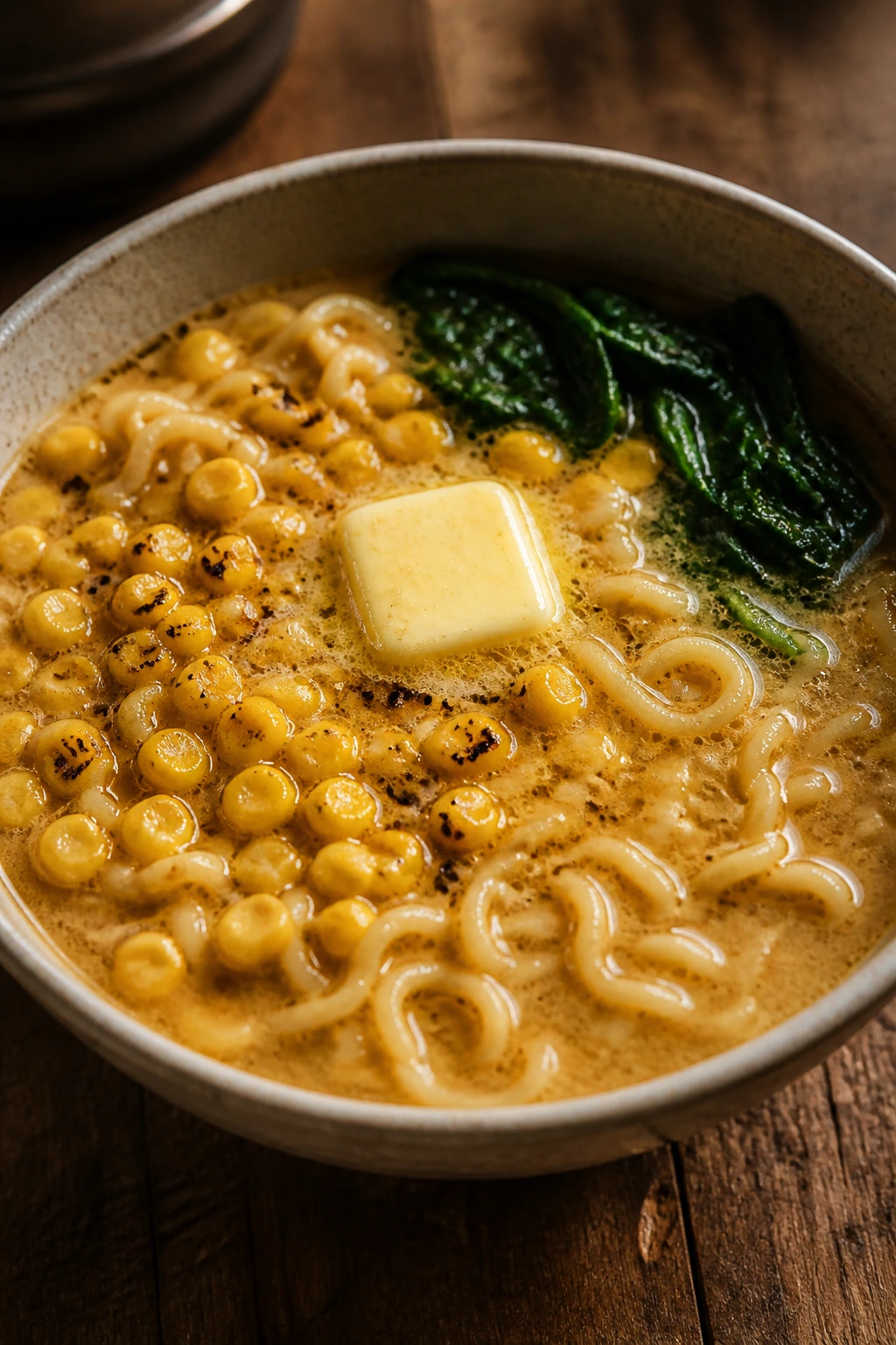 Close-up of Miso Butter Corn Ramen in a warm kitchen setting
