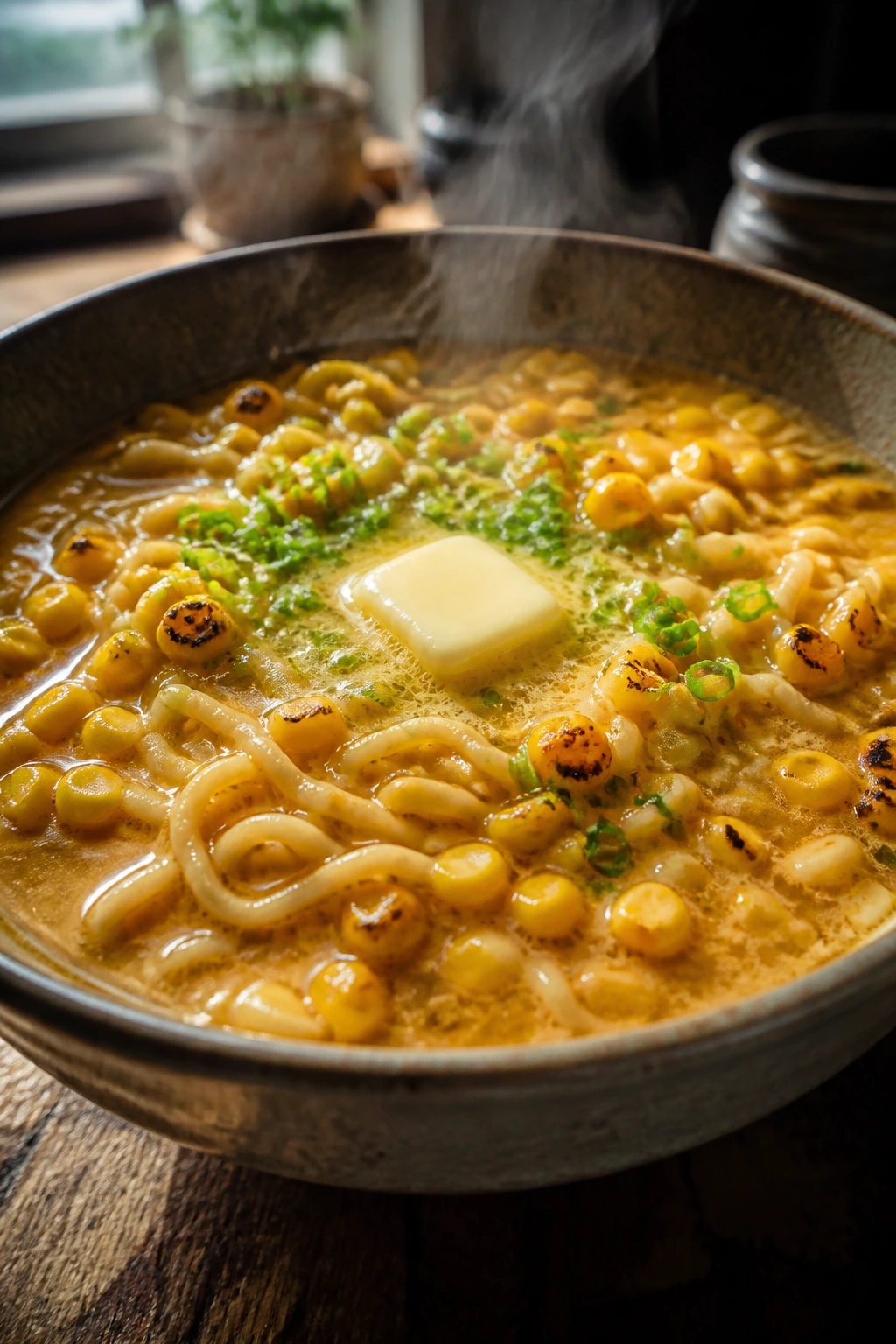 Close-up of Miso Butter Corn Ramen with corn and butter in a steaming bowl