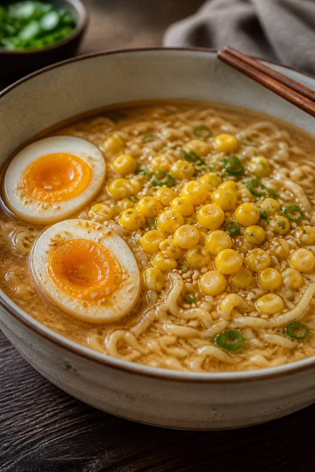 Miso ramen with corn and eggs in a ceramic bowl