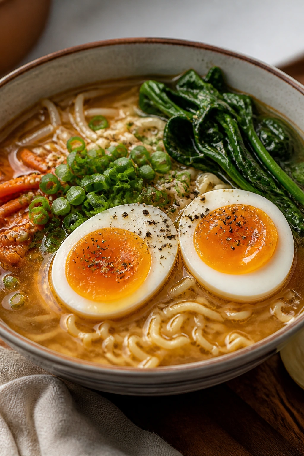 Close-up of miso ramen with egg in a warm kitchen setting