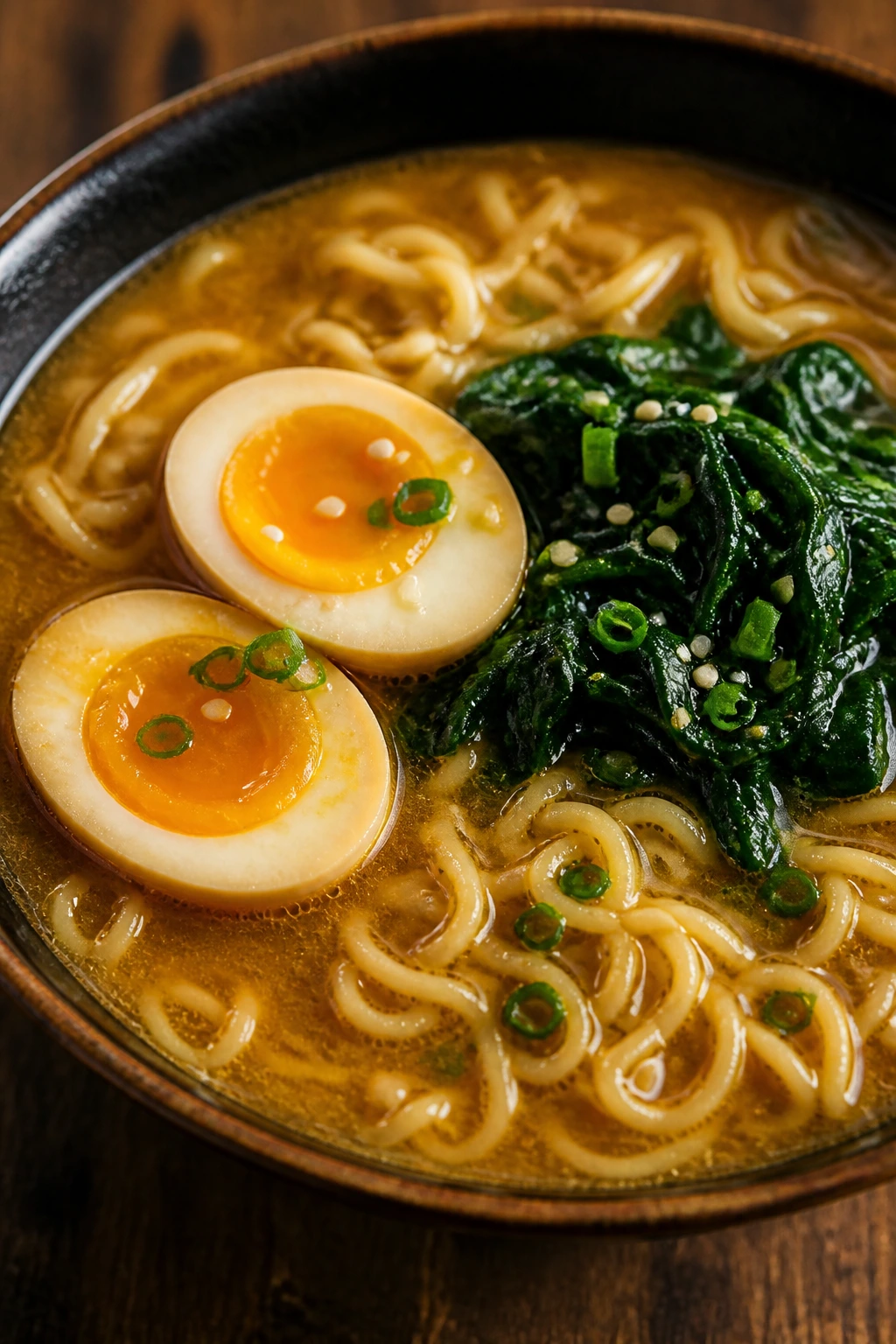 Close-up of miso ramen bowl with egg and spinach in warm kitchen light