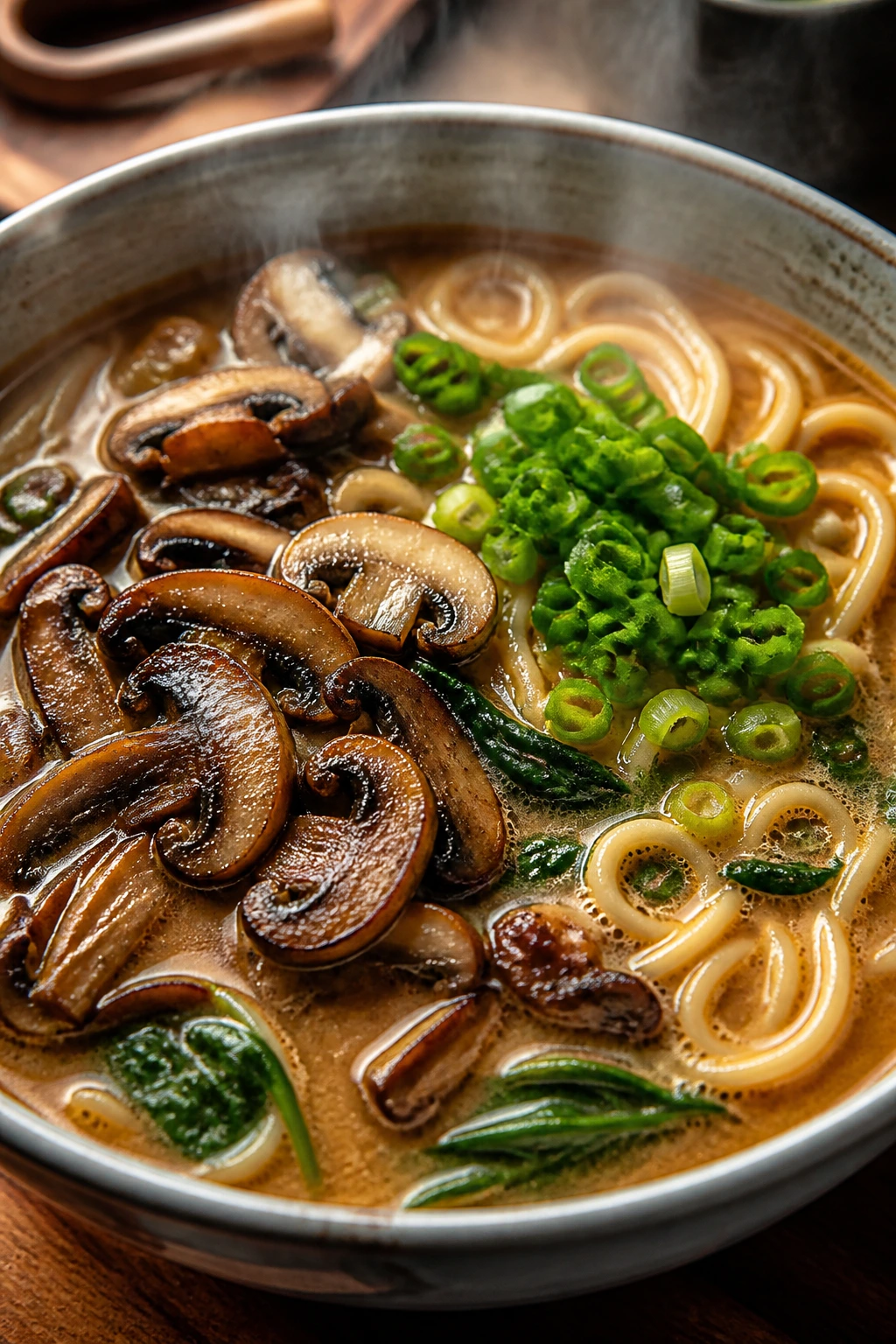Steaming miso mushroom ramen in a bowl with mushrooms