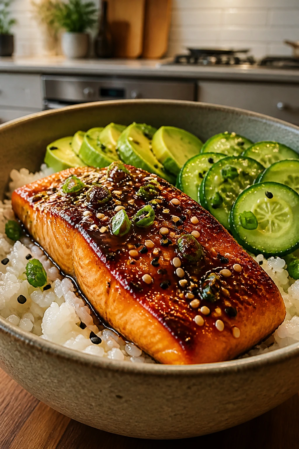 Miso-glazed salmon rice bowl with cucumber on a wooden table.