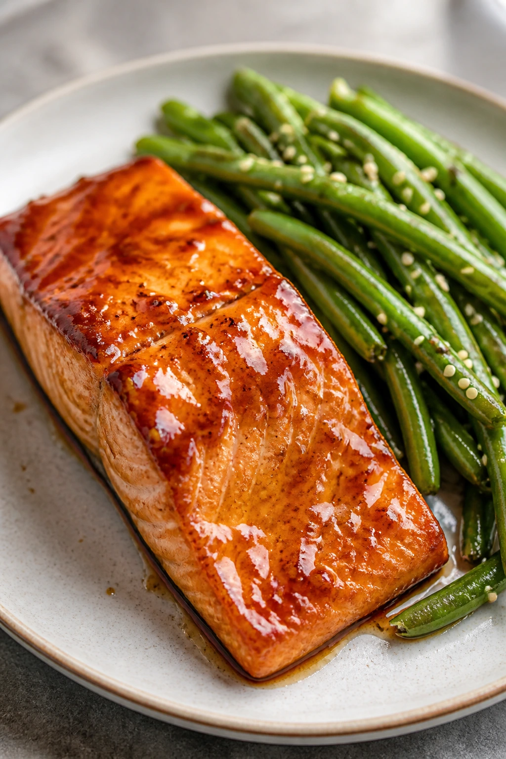 Miso-glazed salmon with sesame green beans on plate.