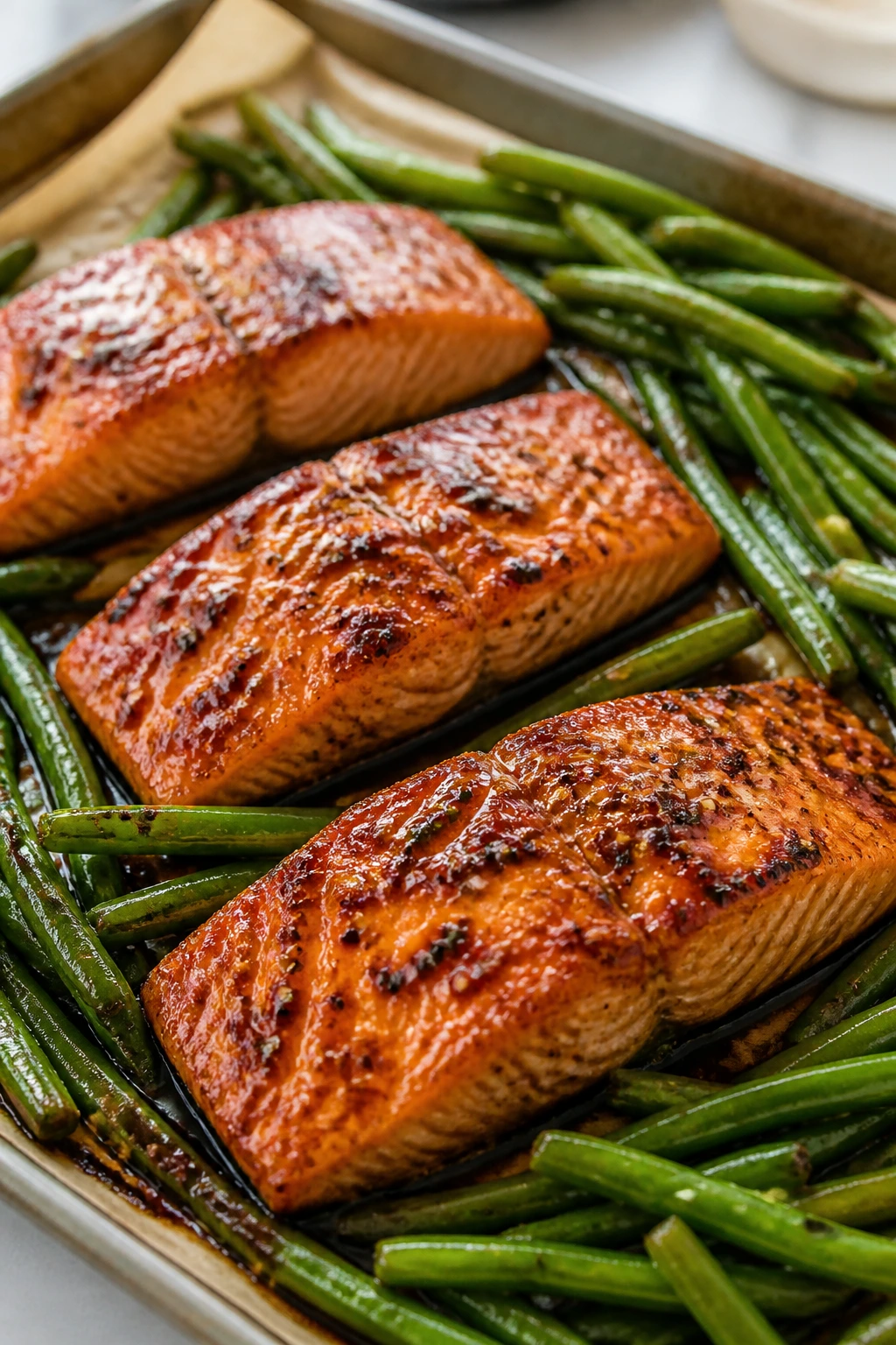 Glossy miso-glazed salmon with green beans on a sheet pan