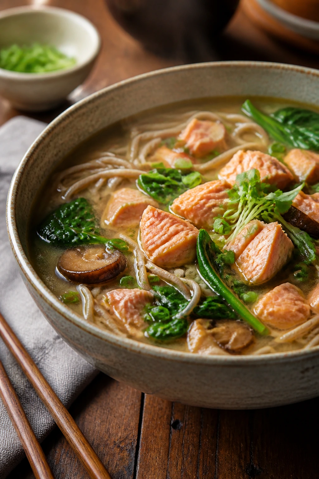 Miso salmon noodle soup in a steaming bowl