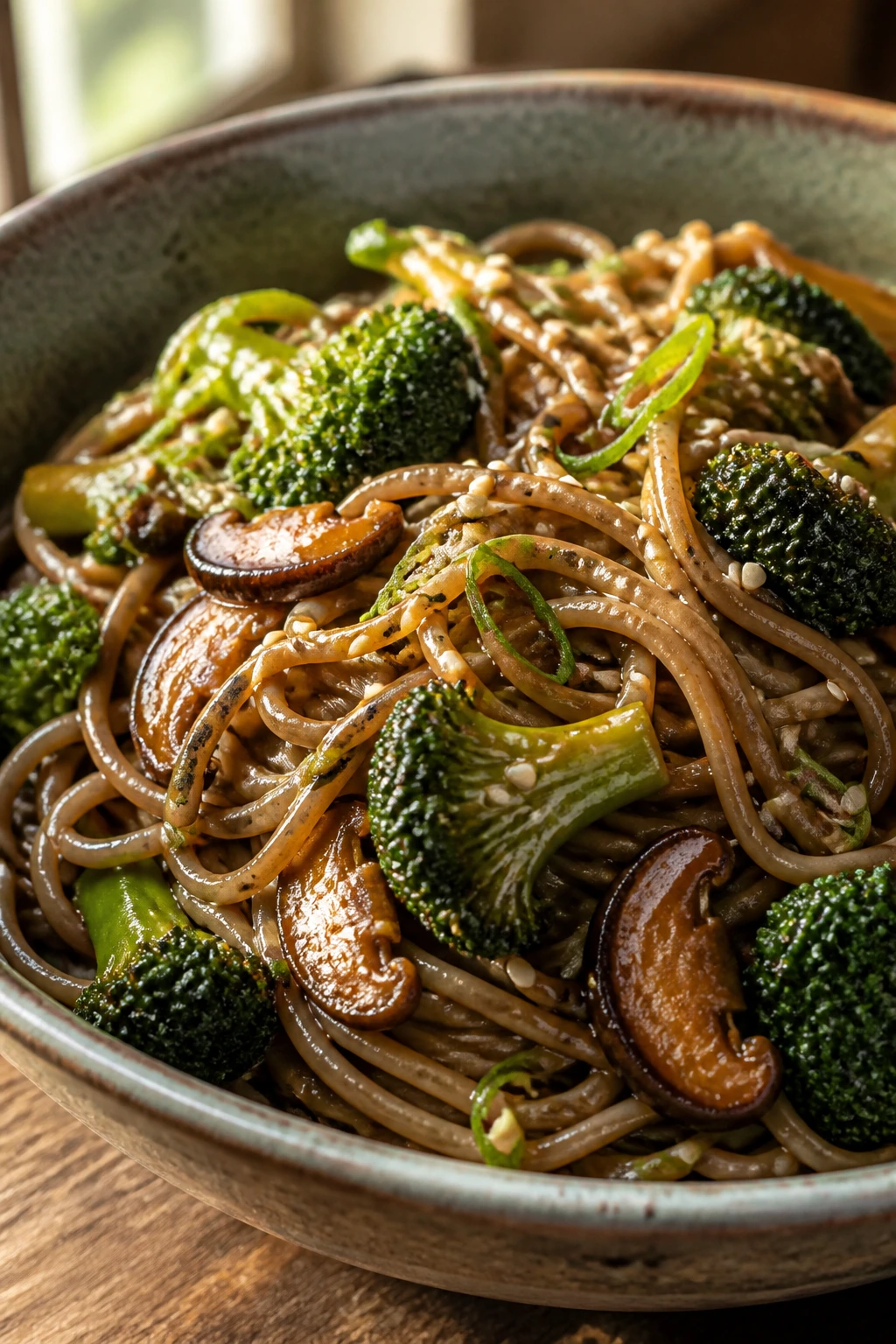 Close-up of miso soba with broccoli in a glossy bowl on a wooden table