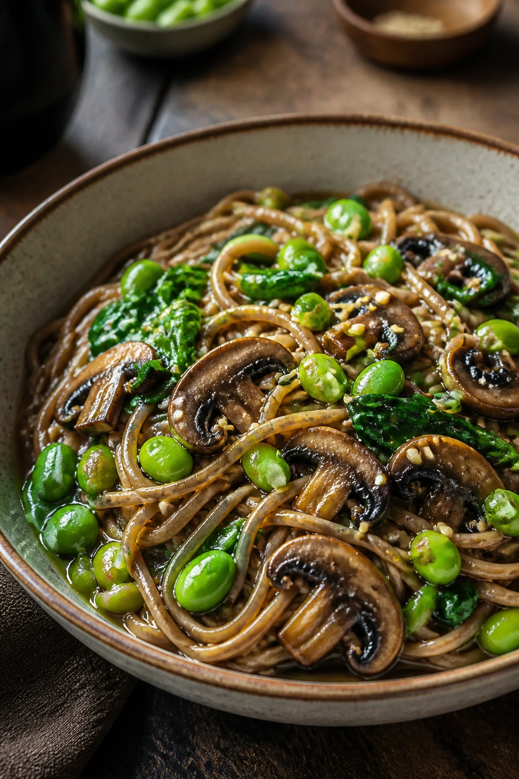 Close up of miso ginger soba with edamame and mushrooms in a rustic bowl
