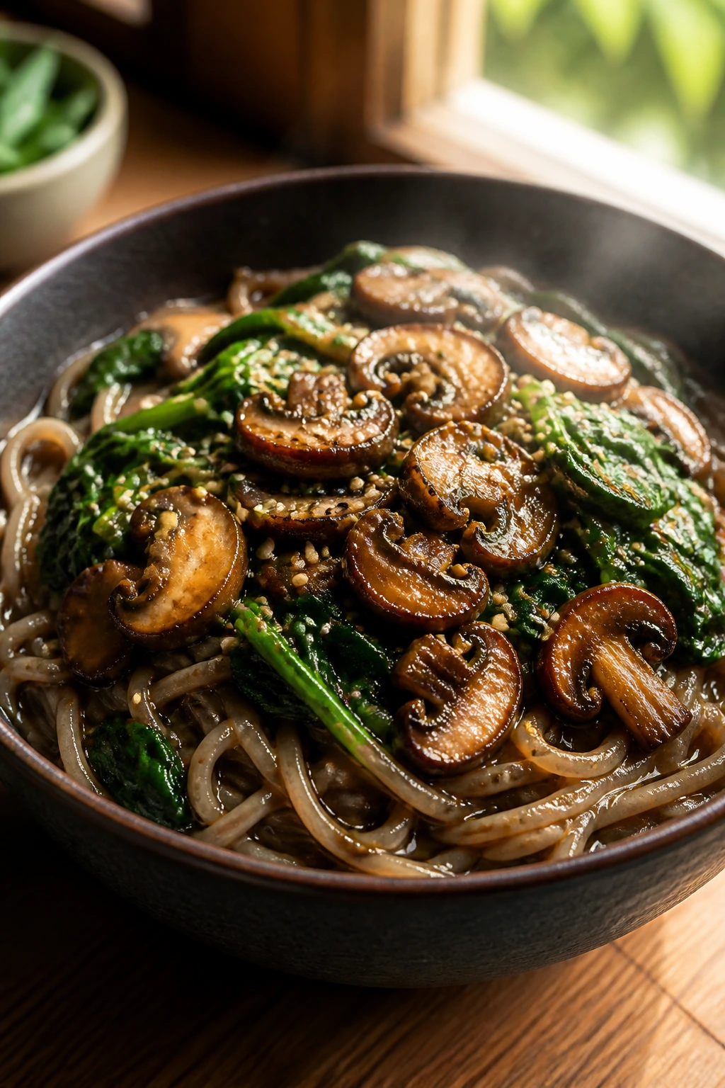 Close-up miso mushroom soba bowl with spinach and sesame seeds