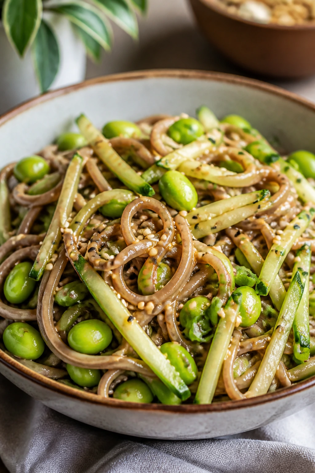 Close-up of miso soba noodle salad in a bowl