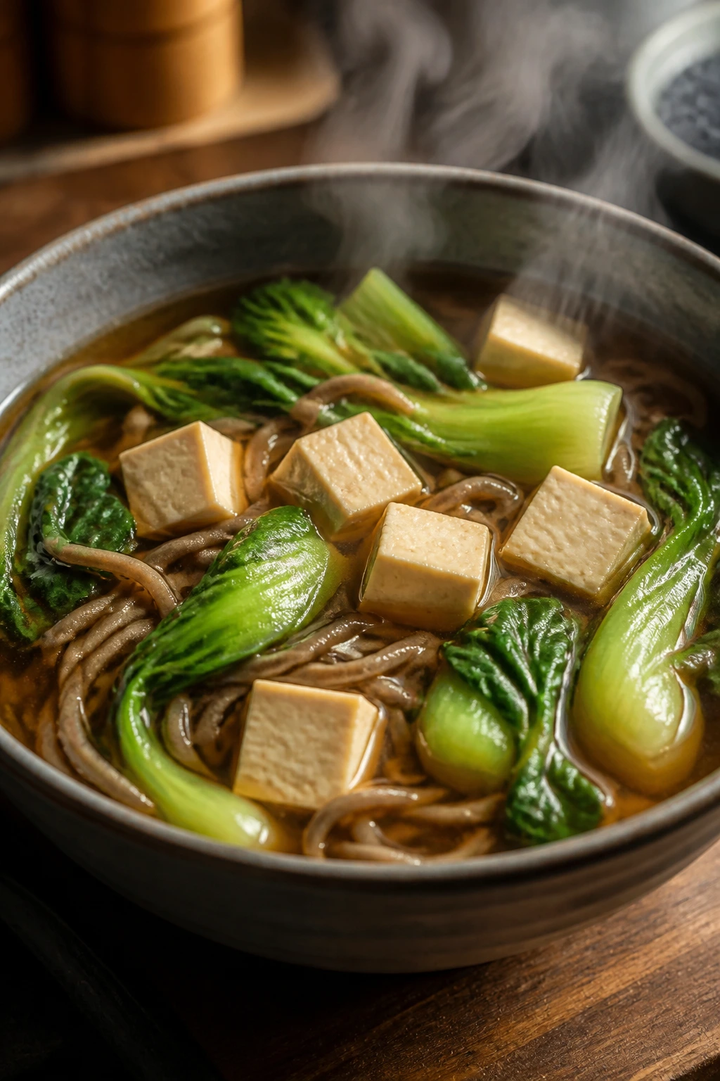 Close-up miso soba soup with tofu and bok choy in a bowl