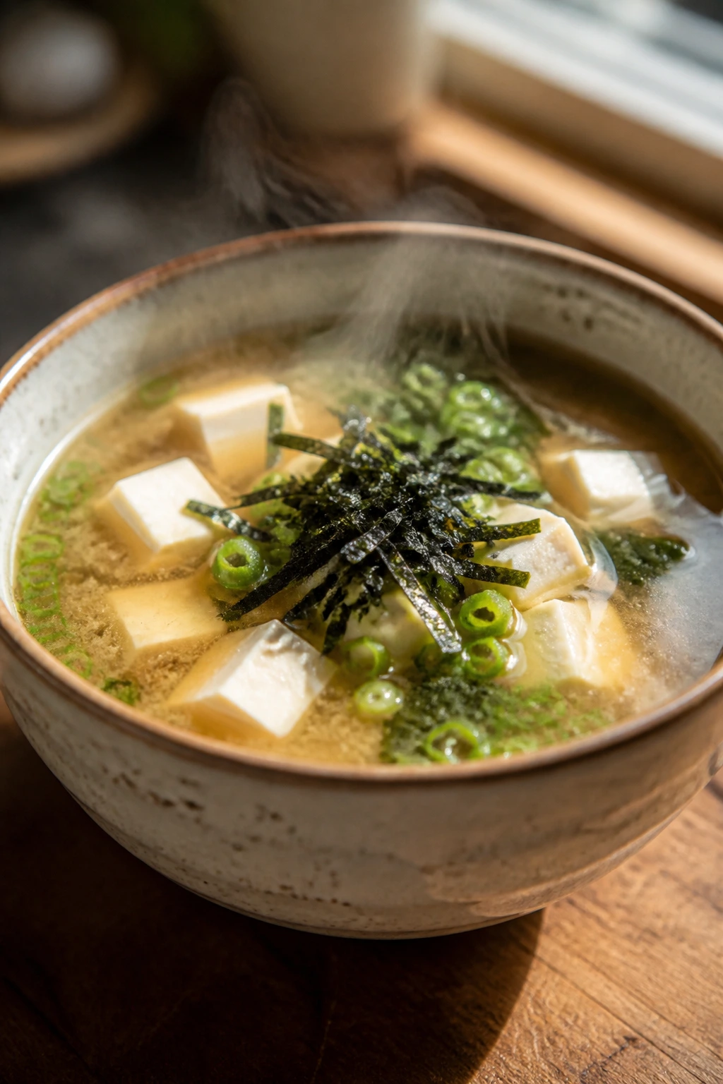 Close-up of miso soup with tofu cubes and scallions in a bowl