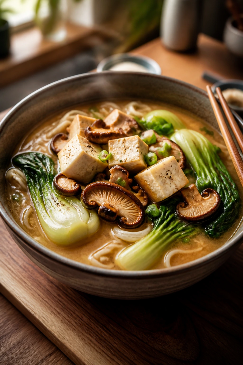 Close-up of miso noodle soup with tofu and vegetables in a cozy kitchen