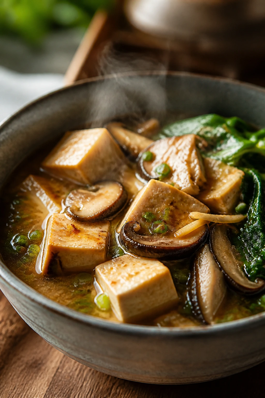 Tofu and mushroom miso ginger stew in a bowl with greens at the edge