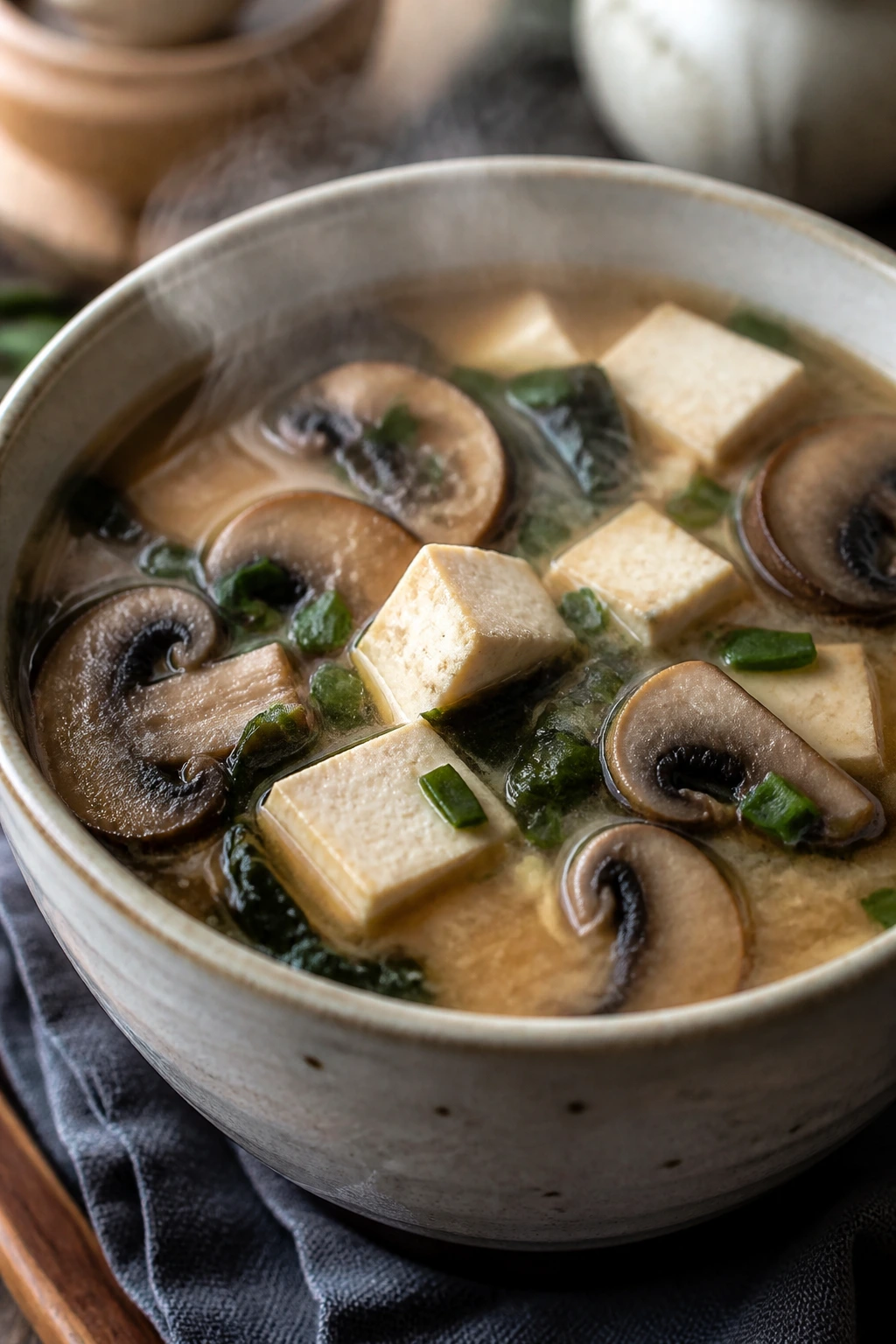 Close-up of miso mushroom soup with tofu and greens