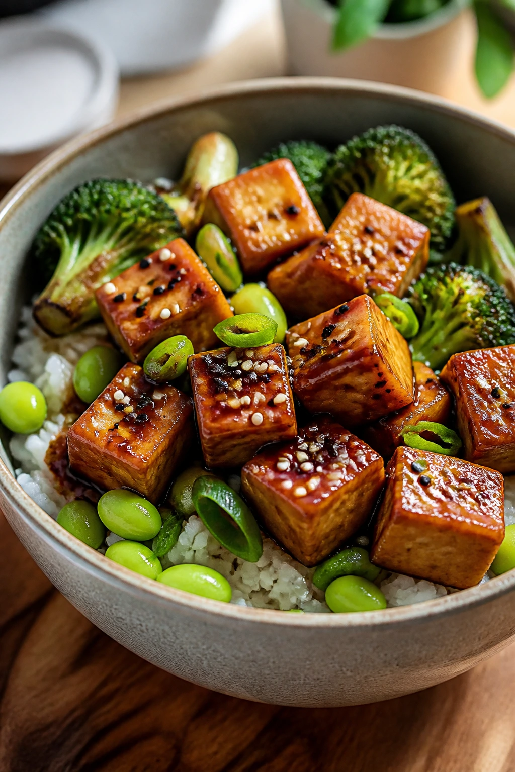 Miso Sesame Tofu Rice Bowls with tofu, broccoli, edamame over rice