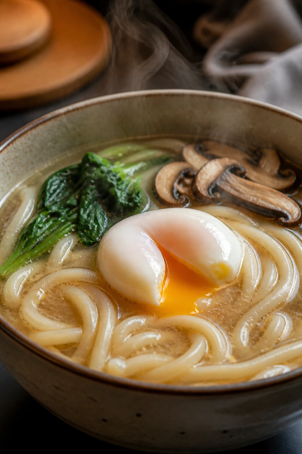 Miso udon with soft-boiled egg in a bowl