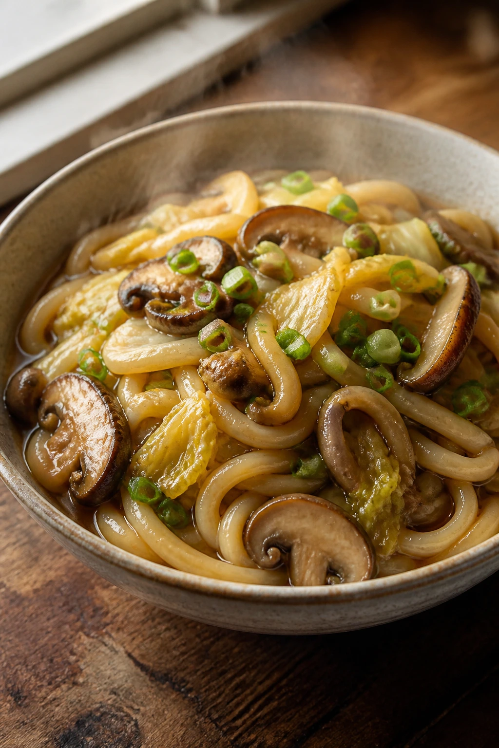 Steaming miso udon with mushrooms in a bowl on wooden counter