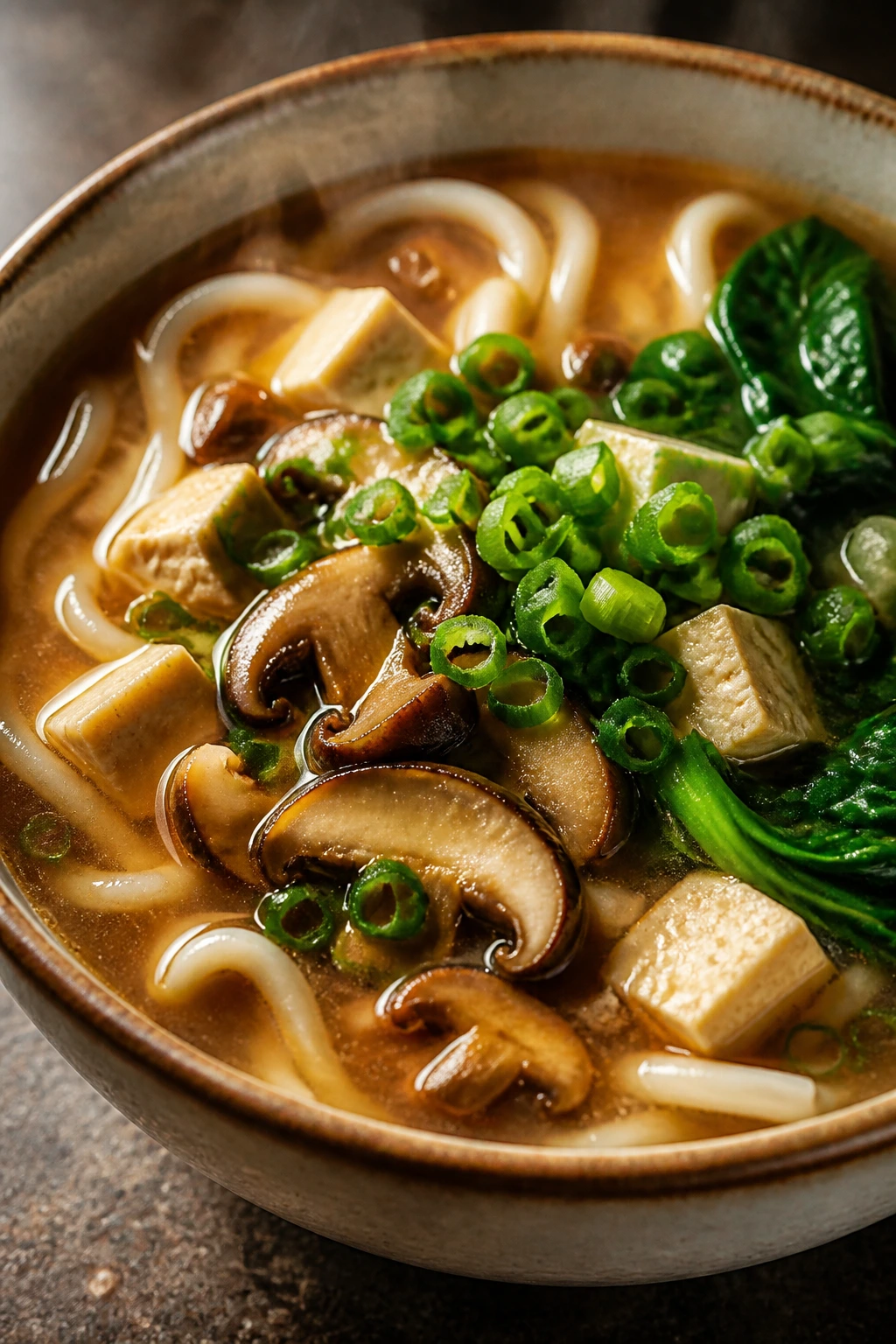 Miso udon soup with mushrooms and tofu in a bowl